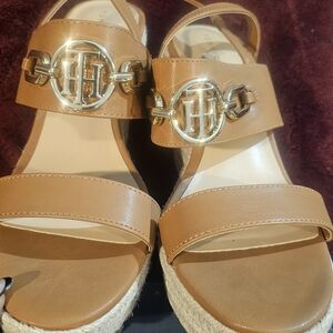 Tommy Hilfiger Brown Wedge Sandals with Gold Accents